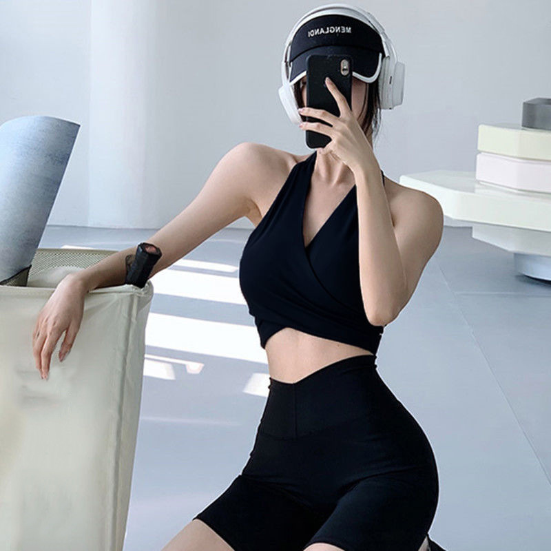 Sports Bra Top Exercise Suit Summer Thin Outdoor Morning Run Backless Top Women Summer Neckband Pilates Fitness V-Neck T-Shirt Women