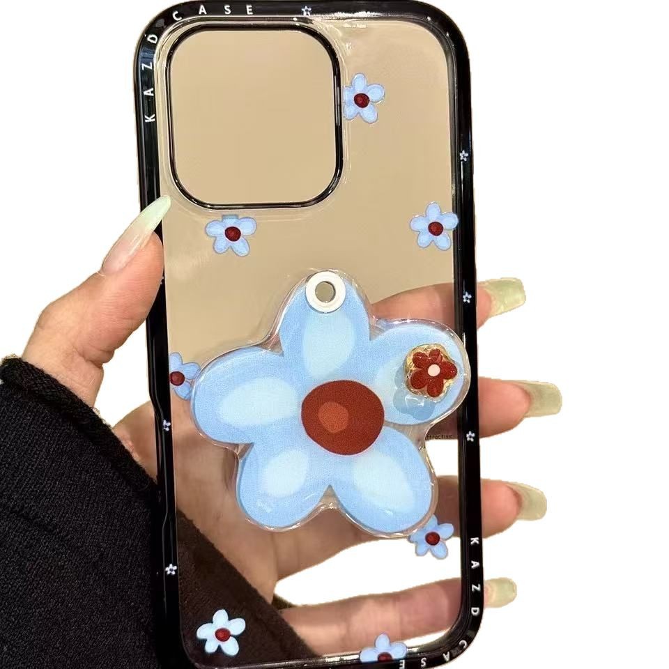 Estilo coreano ins azul floral pequeño para iphone16ProMax soporte de espejo 14 funda para teléfono móvil Apple 15P 13