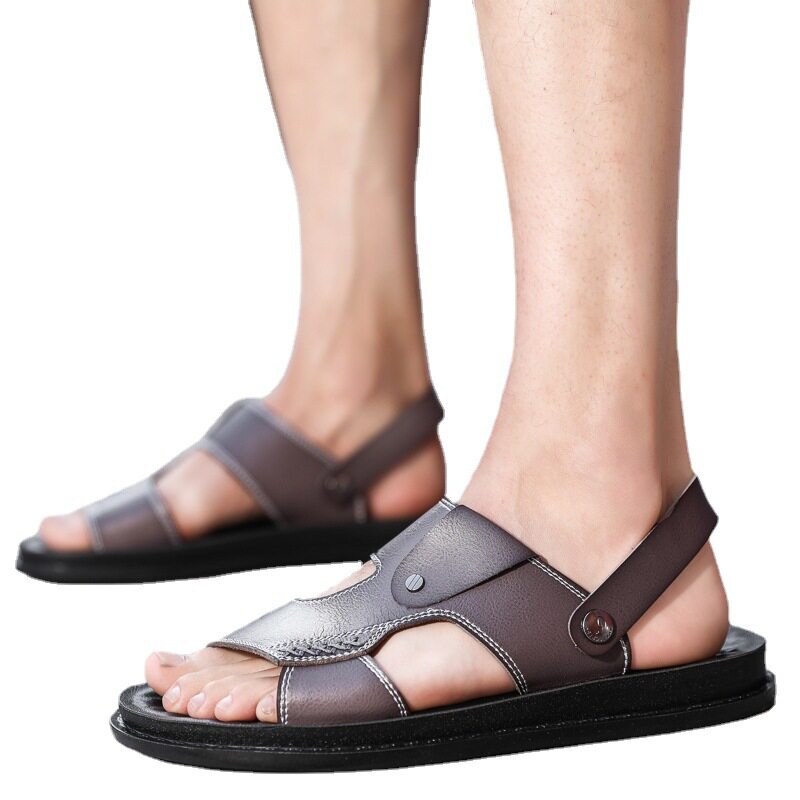Dép sandal nam quai ngang hở ngón chất liệu da PU chống trơn, size lớn đi ngoài trời — Kaki, Màu xám, Đen toàn bộ, Đỏ rượu