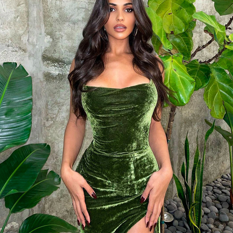 Sexy Green Slim Backless Lace-Up High Slit Dress NSHTL99058