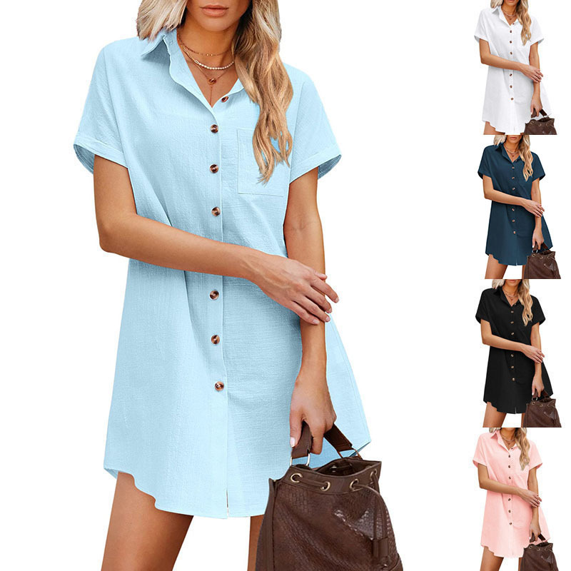 Amazon European and American Export 2025 Women's Long Button-Down Shirt Short-Sleeved Linen Shirt Dress Summer Beach Cover-Up