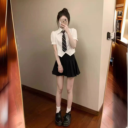 JK Uniform Set Academic StyleWaist-CinchedWhite Shirt for WomenShort SleeveDesign-FocusedNicheSlimmingFittingFoot Bath Collar
