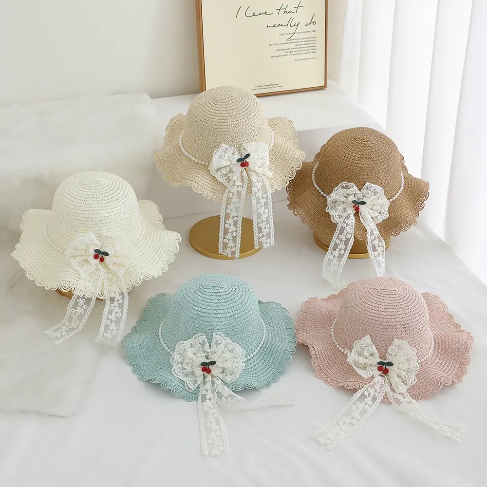 Sombrero de protección solar de paja de encaje de súper hada Sombrero para niños Sombrero para el sol Sombrero de playa para niñas Sombrero de paja para mujer de verano