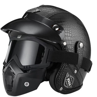 Certified Electric Motorcycle Retro Helmet | Motorcycle Safety Supplies - 555-leather-helmet-black-crocodile-mask-s