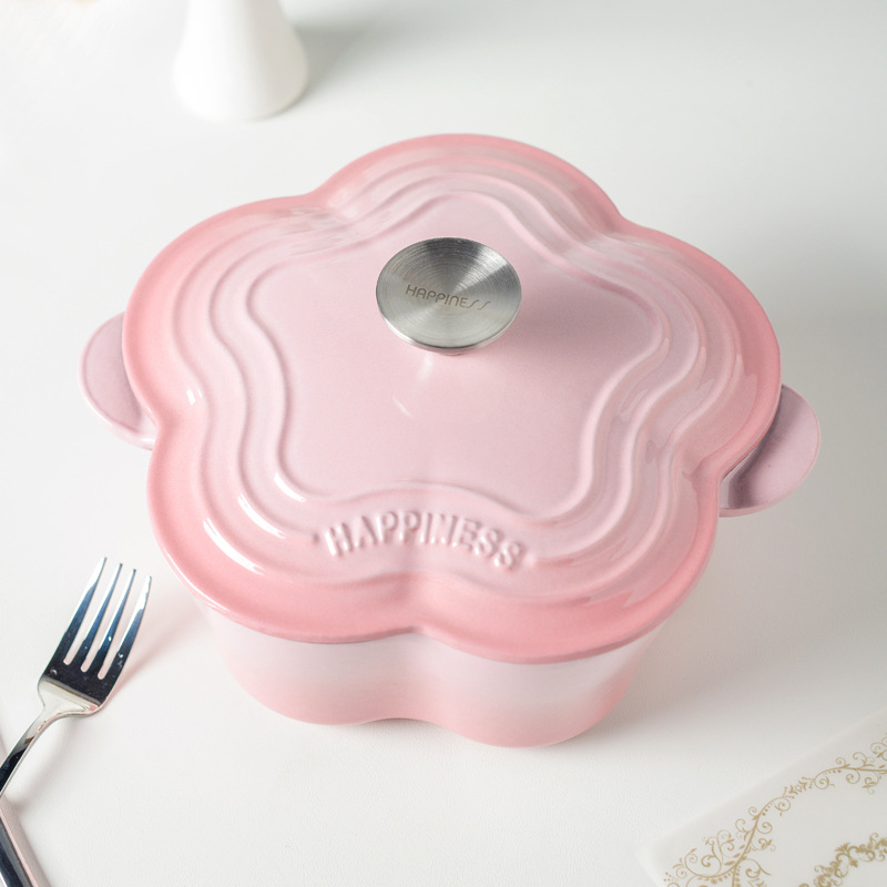 Pequeña Felicidad olla de esmalte de hierro fundido olla de sopa de pétalos esmalte engrosado olla de guiso pequeña olla de sopa doméstica olla antiadherente Cocina de Inducción