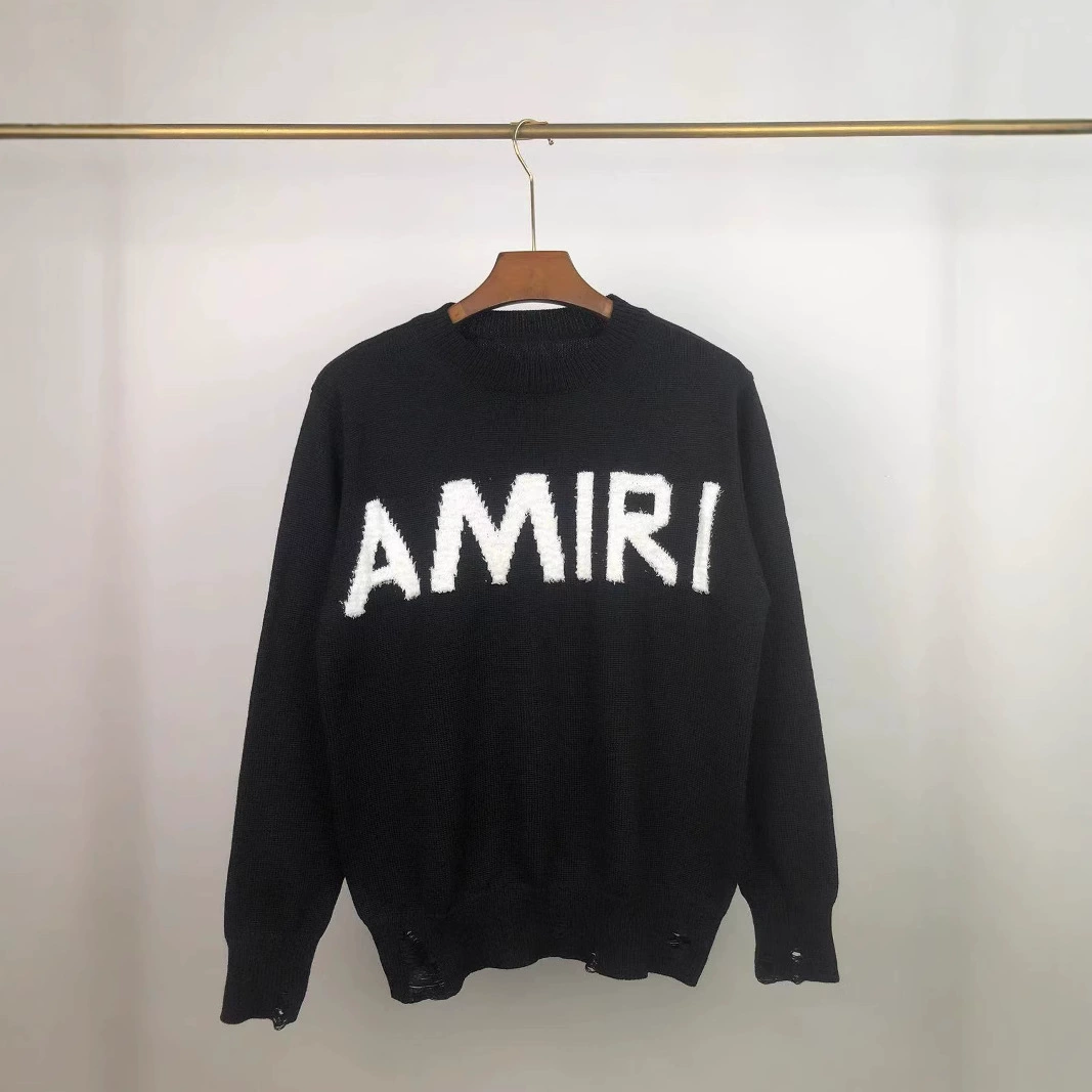 24ss трансграничный стиль бренд AMIRI осень-зима футболка с круглым вырезом для мужчин и женщин, тот же стиль универсальная надпись жаккард бахрома распоротый дырка стиль