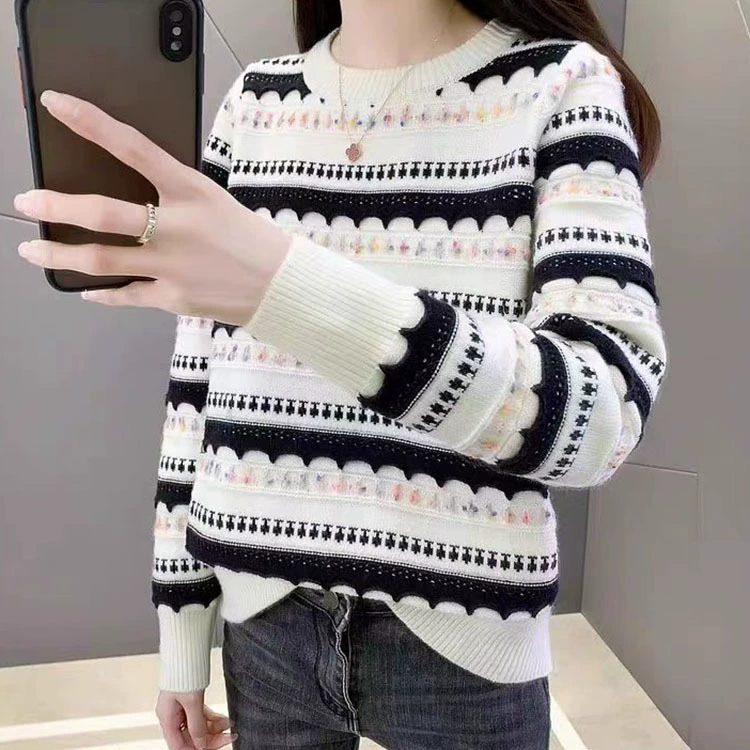 2024 свитер женский цвет колорит цветная пряжа в полоску с длинными рукавами большой размер случайный круглый воротник корейский трикотаж женский