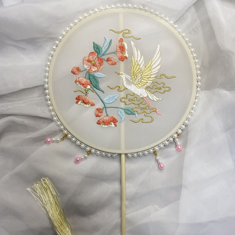 真珠手作り扇子、刺繍扇子、古風丸型扇子、民族風刺繍扇子、古典舞踊扇子|undefined