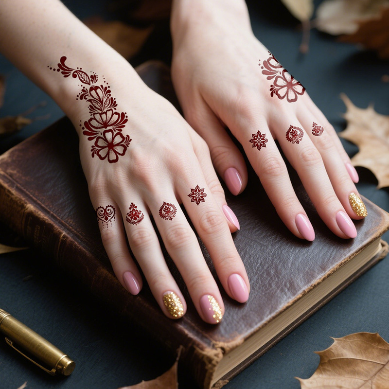 New White and Brown Mandala Henna Tattoo Stickers with Round Patterns for Hand Decoration, Exotic Style Temporary Tattoo Stickers