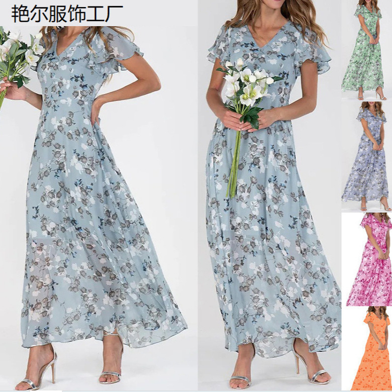 2026 European and American New Style Beach Long Dress Chiffon Floral Short-Sleeve Ruffle V-Neck Fashion Waist-Cinching Dress