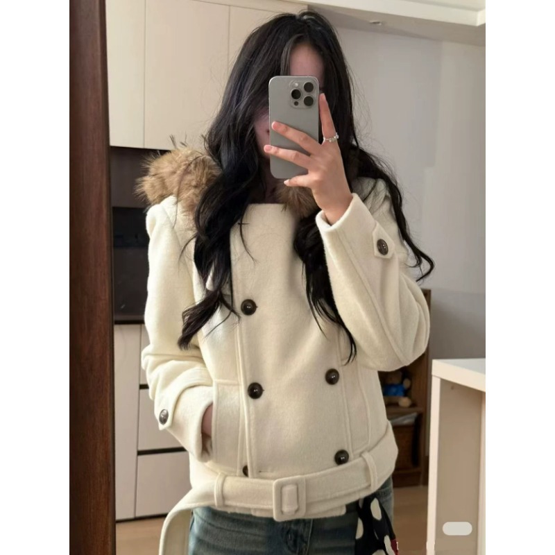【Thickened warm German velvet 450g】Korean style fur collar double-breasted hooded jacket for women, autumn and winter coat