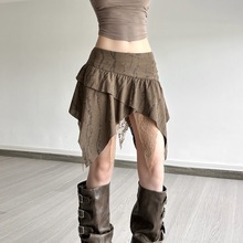 跨境欧美风2025秋季新款女装复古不规则蕾丝拼接褶皱短款半身裙