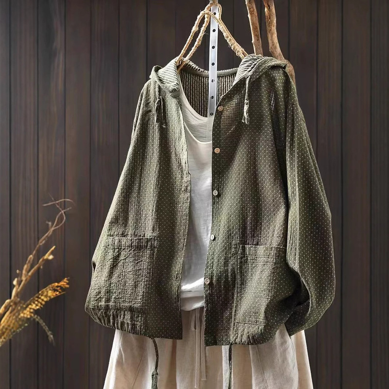 Spring New Cotton Long Sleeve Polka Dot Shirt Jacket Women's Hooded Double Pocket Loose Outer Wear Shirt Top 81513