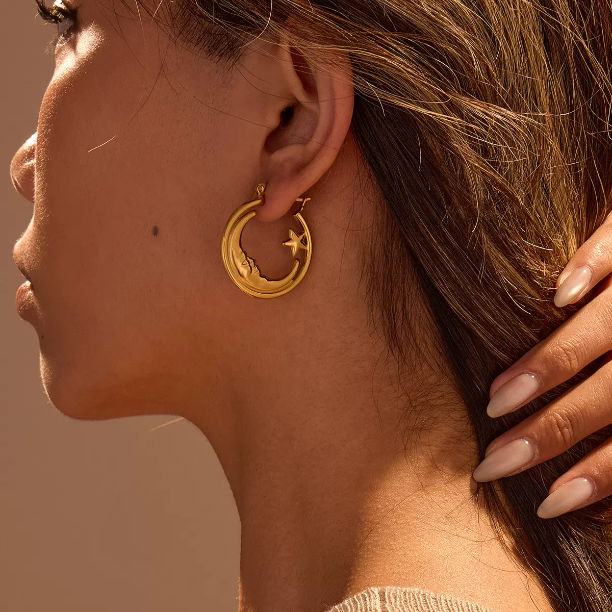 跨境欧美复古星形圈形镂空耳环不锈钢耳圈高级小众设计感耳饰批发