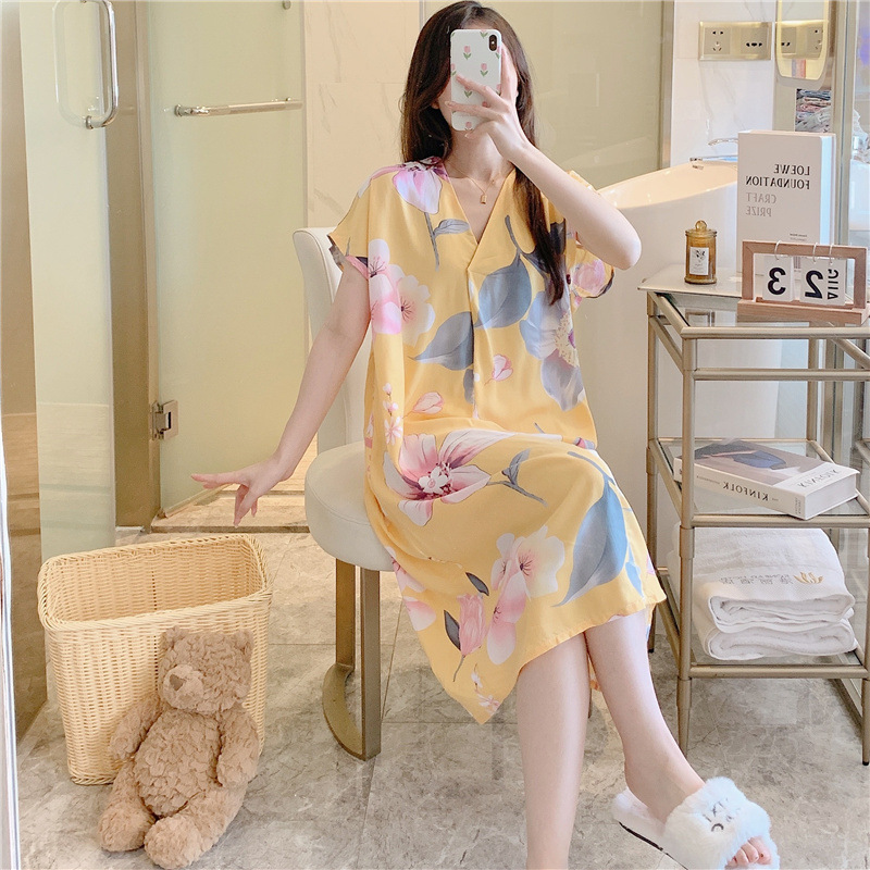 Camisón de seda de algodón para mujer verano nuevo Pijama estampado de dibujos animados de manga corta estilo coreano más tamaño ropa para el hogar suelta de seda de algodón delgada