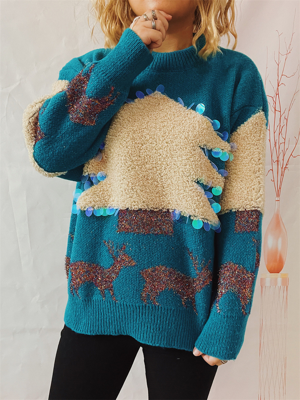 Women's Christmas Tree And Deer Sequined Pullover Sweater_voghion.com