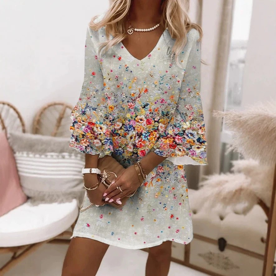 Nuevo estilo transfronterizo europeo y americano Amazon AliExpress Wish estampado fresco con cuello en V 3/4 manga mini vestido de mujer image 41