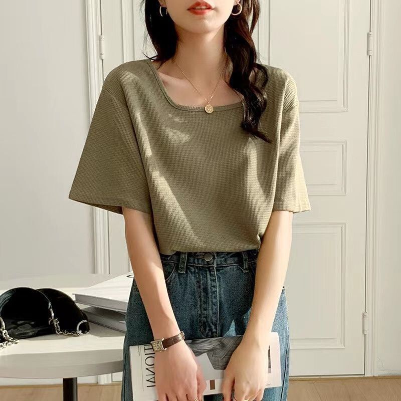 Square Collar Short-Sleeved T-Shirt for Women Spring and Summer 2023 New Waffle Style Loose Slimming Look Versatile Bottoming Shirt Top