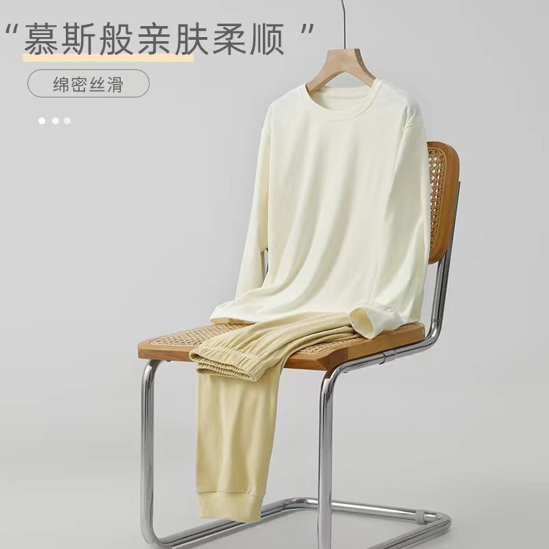 가을 겨울 여성용 잠옷 기모 무스 라운드 넥 풀오버 대비 색상 홈웨어 한국 스타일 따뜻한 긴팔 바지 정장