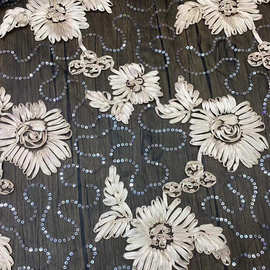 立体花朵亮片网纱时尚高端女装面料3D Raised Embroidery Fabric