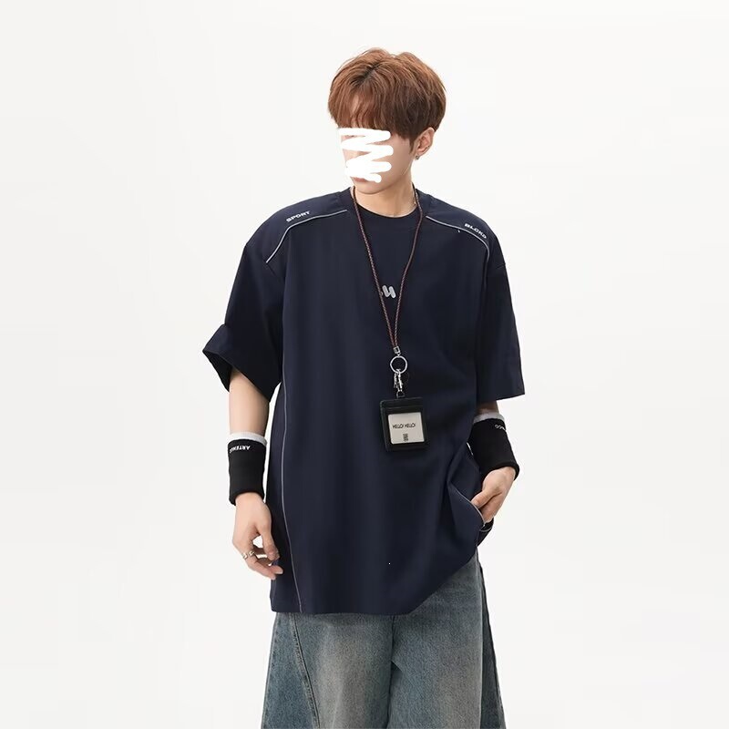 Summer American High Street Sports Style Short-Sleeved T-Shirt for Men, New Design, Niche Casual Loose Round Neck Top with Half Sleeves Summer American High Street Sports Style Short-Sleeved T-Shirt for Men, New Design, Niche Casual Loose Round Neck Top with Half Sleeves