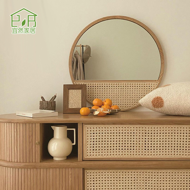 Espejo de caña renacentista nórdico personalizado residencias residenciales manuales in-viento espejo de maquillaje de madera sólida colgado en pared espejo circular