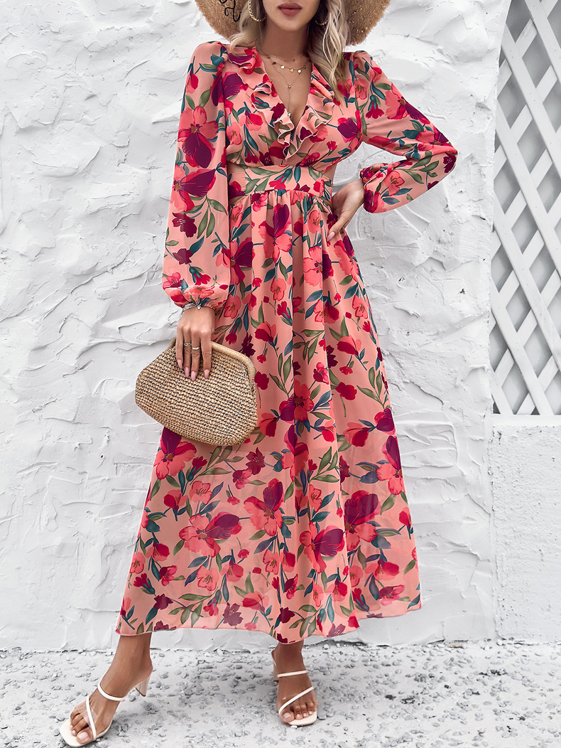 Women's Regular Dress Vacation V Neck Printing Long Sleeve Flower Maxi Long Dress Daily Beach display picture 15
