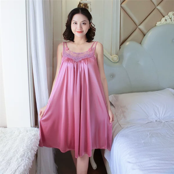 2026 Summer Sexy Lace Sleeveless Vest Plus Size Women's Full Shine Ice Silk Mid-Length Nightgown