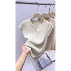 Vネックセーター半袖Tシャツレディース2025夏新デザインスリムフィットショート万能ボトムストップ