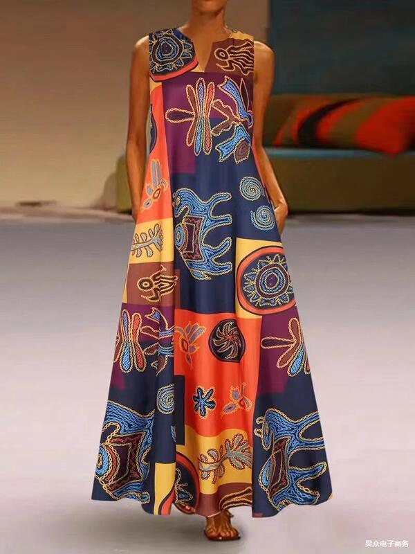 026 New Summer Women's Sleeveless V-Neck Printed Sexy Dress Long Skirt European and American Cross-Border Foreign Trade Women's Clothing 026 New Summer Women's Sleeveless V-Neck Printed Sexy Dress Long Skirt European and American Cross-Border Foreign Trade Women's Clothing