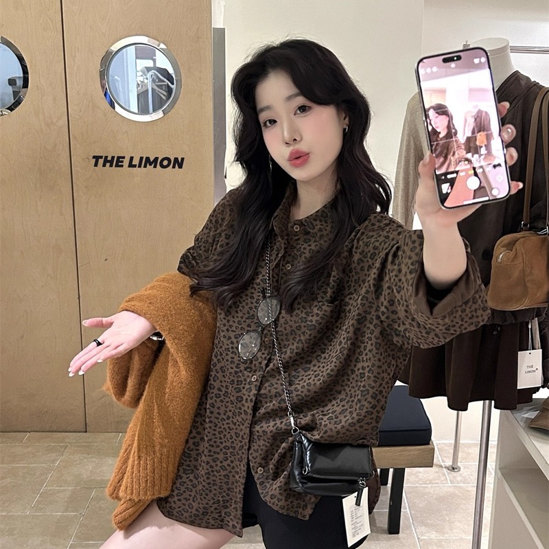 THE LIMON柠檬绿茶2025秋季复古美式宽松慵懒豹纹外套衬衫上衣女|undefined