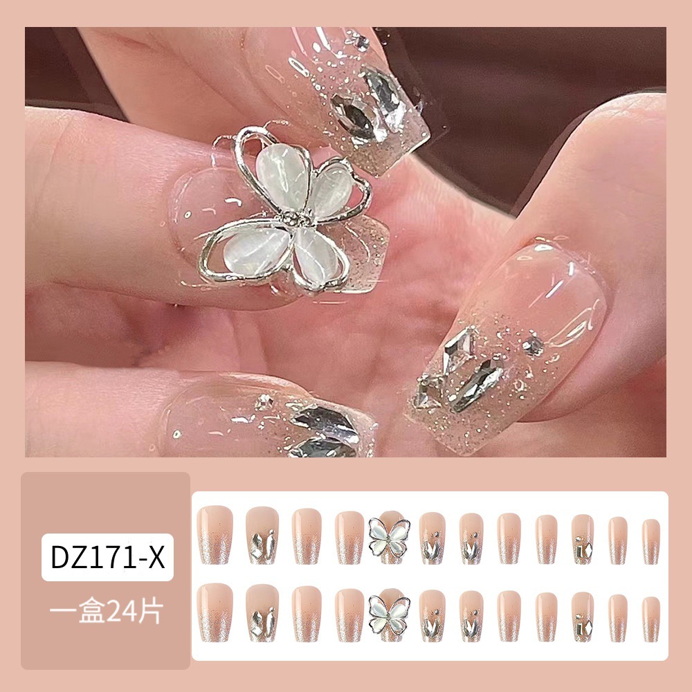 Uñas postizas de mariposa de moda en TikTok, estilo corto con pedrería y brillantina, pegatinas de uñas de lujo ligero para arte de uñas.