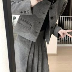毛呢套装新款学院气质小个子西装短款外套秋冬半身裙香风两件套