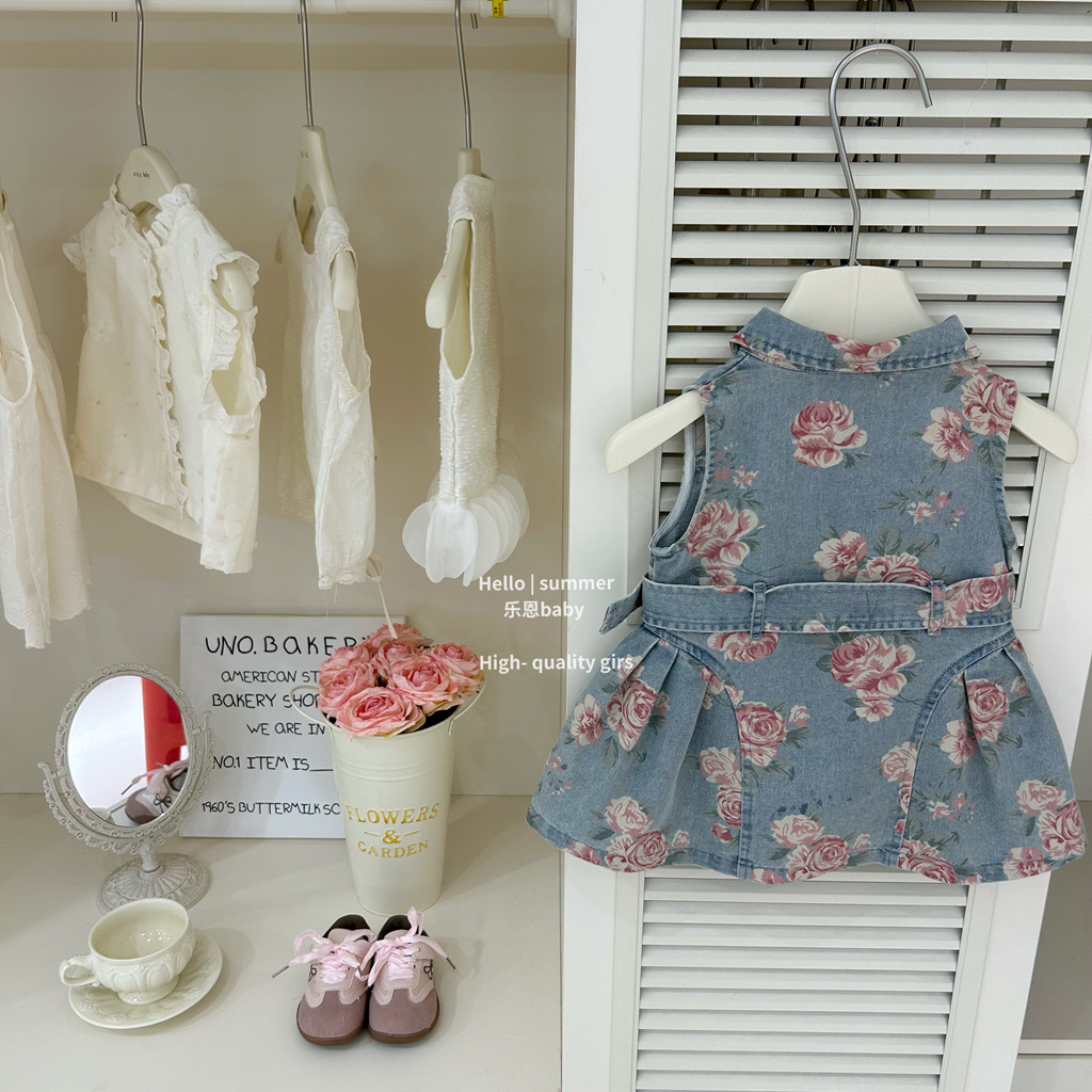 [Ropa para niños Le En] Vestido de mezclilla delgado con solapa sin mangas de verano para niñas de alta calidad con estampado completo