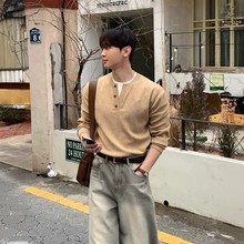 韩系亨利领假两件毛衣男春秋潮流宽松保暖线衣撞色套头针织衫外套