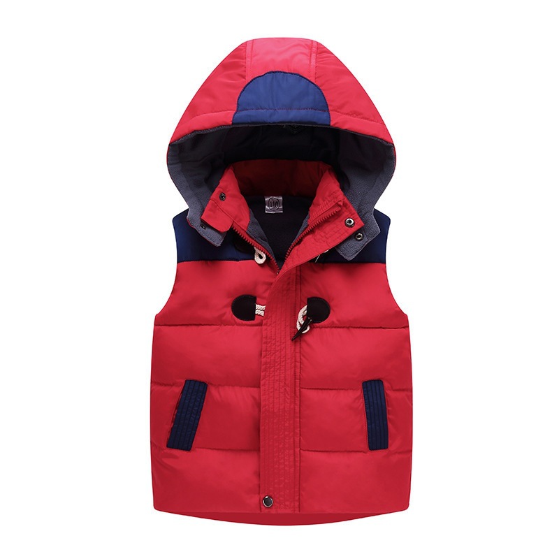 Chaleco de Algodón Grueso para Niños, Invierno 2025, con Botones de Cuerno y Bloques de Color para Niños, Estilo Exportación, Estilo Moderno