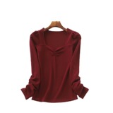 Осенний ретро лонгслив, квадратный вырез, облегающий крой