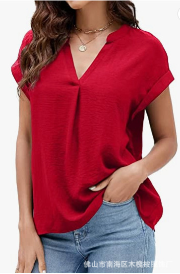 2023 Amazon Independent Station Cross-border Summer Hot Sale New Women's Solid Color V-neck Short-sleeved T-shirt All-match Top