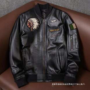 Bargain Indian Baseball Jacket Pure Top Layer Cowhide Men's Leather Jacket Plus Size Autumn Coat