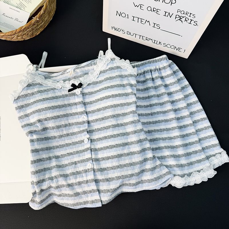 Pijama de mujer de verano con cojín de pecho, pantalones cortos de cabina sexy puros, rayas delgadas sin mangas, set de ropa de verano