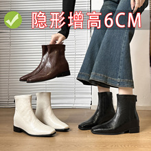 现货新款轻奢高级感女鞋新款独特设计方头短靴后拉链女低粗跟英伦