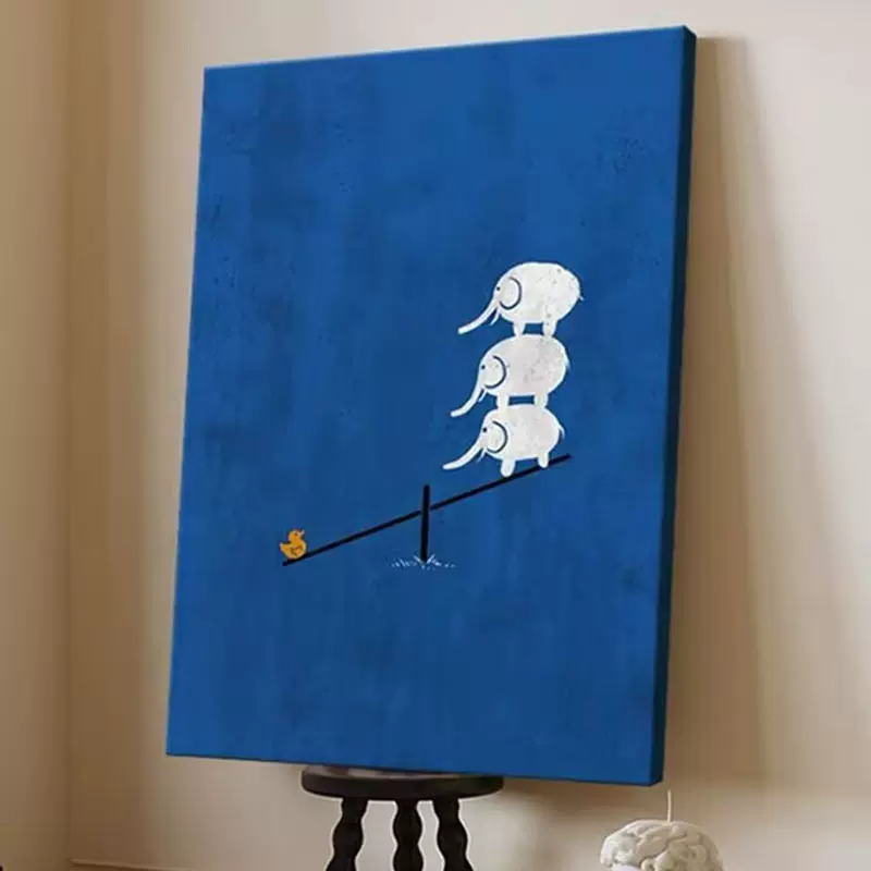 手绘油画克莱因蓝色客厅玄关装饰画小众创意三只小象儿童房挂画