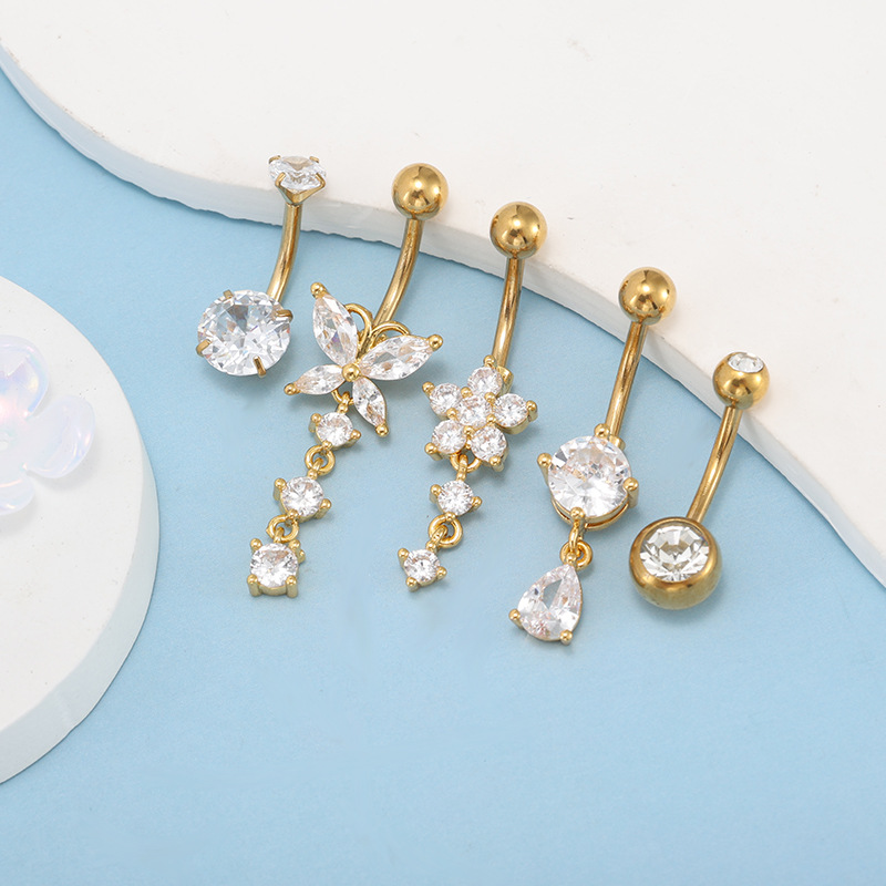 5-Piece Stainless Steel and Copper Belly Ring Set with CZ Water Drop Navel Jewelry detail image 7