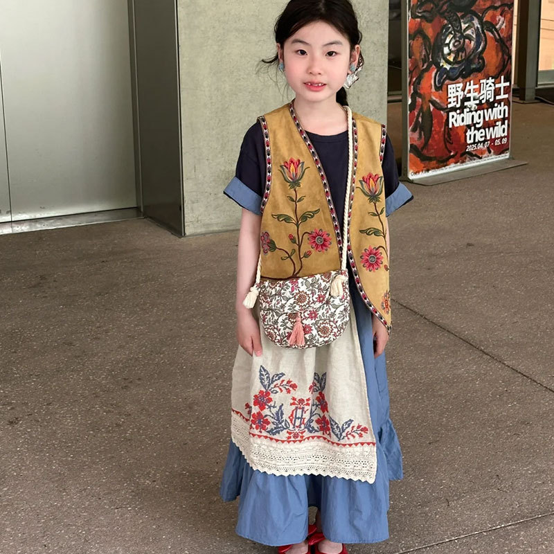 女童马甲儿童夏套装2025新款大童上衣复古洋气女孩连衣裙短袖薄款|undefined