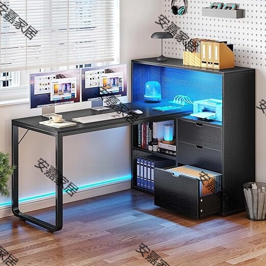 L-shaped desk with drawer corner computer desk with bookshelf, power socket and LED light home office L-shaped desk with drawer corner computer desk with bookshelf, power socket and LED light home office
