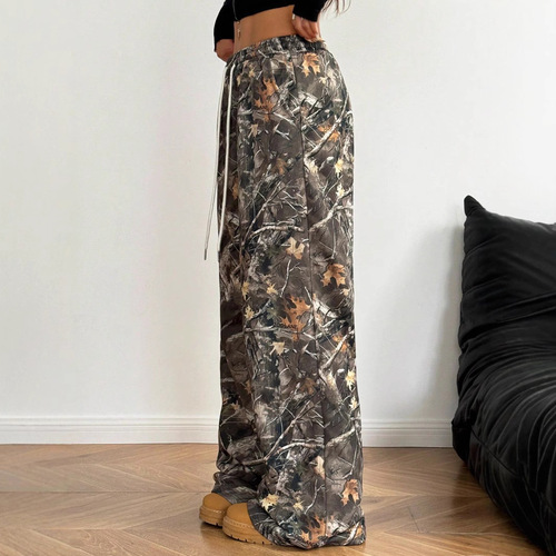 American-style fashionable loose-fitting elastic waistband camo print slim-leg floor-length pants for teenage girls