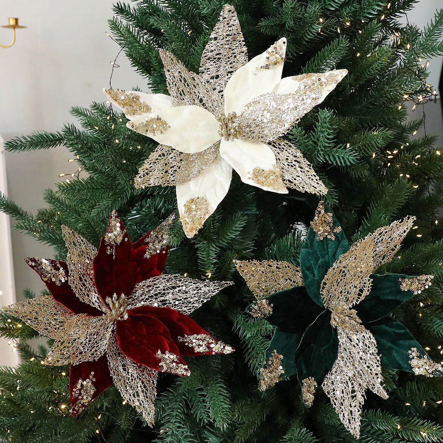 Flores de Navidad de sequillas flores de imitación tela de tela de tela decoración floral decoración de lana decoración de Navidad al por mayor