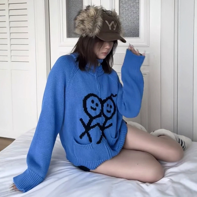 Original in-stock stick figure knit sweater with heavy embroidery, high-neck sweater, Korean-style loose and casual cardigan for women