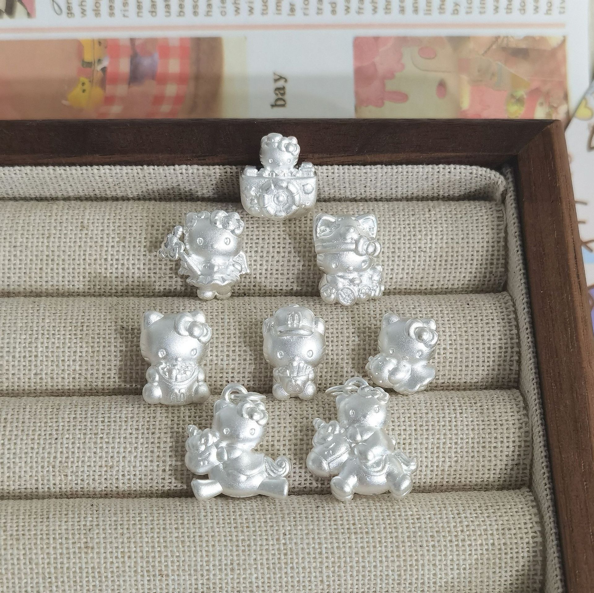足银999麦当当KT猫魔法棒天使凯蒂猫纯银吊坠 3D工艺DIY编绳饰品