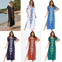 欧美爆款人棉绣花沙滩罩衫长袍式刺绣连衣裙海边比基尼防晒衫跨境